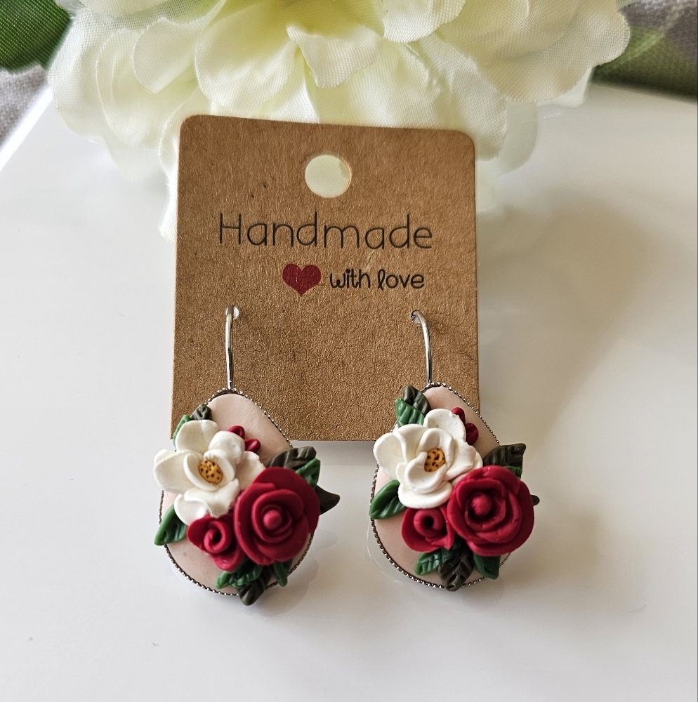 Handmade Floral Earrings with Red and White Roses